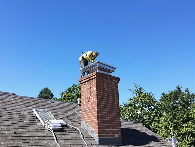 Oxford Chimney Sweep technician measuring a chimney cap in Oxford, CT